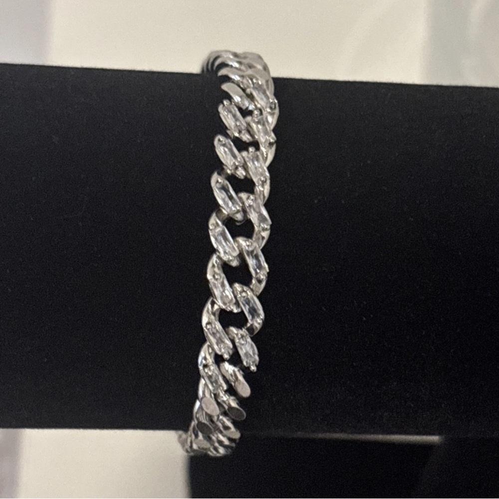White Gold Plated CZ Cuban Link Bracelet Iced Out Chain Silver Tone Statement
